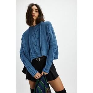We the Free Blue In A Daze Blue Cropped Cable Knit Sweater